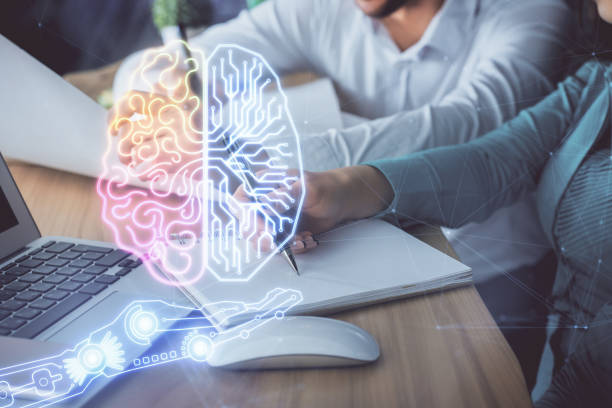 istock Double exposure of brain drawing over people taking notes background. Concept of Ai 1291096749