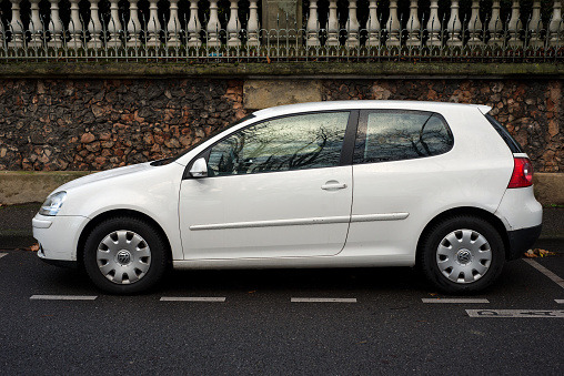 Grandola, Portugal - 17th October, 2019: Peugeot 208 in basic version stopped on a street. This model is one of the most popular cars in Europe.