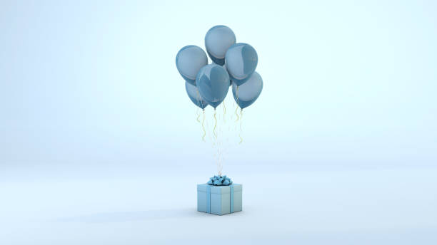 istock Blue present box floating by balloons on pastel background. 3D Render 1291098750