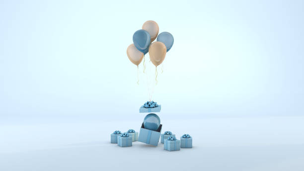 istock Blue Gift box and balloon floating minimal blue background. 3D Render 1291098754