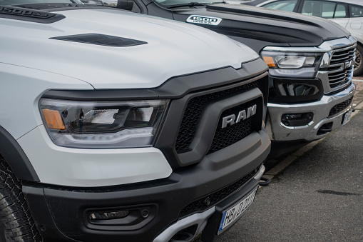 Berlin, Germany - 13 January, 2020: RAM 1500 pick-up vehicles parked on a public parking. The RAM is one of the most popular pick-up vehicles in North America.