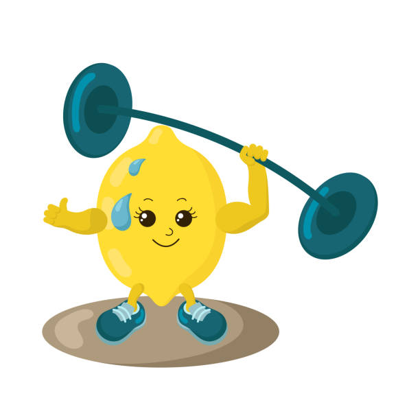 ilustraciones, imágenes clip art, dibujos animados e iconos de stock de lindo atleta de limón fuerte con zapatillas y barbell - gym yellow muscular build dumbbell