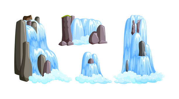 ilustrações de stock, clip art, desenhos animados e ícones de waterfall cascades in mountains for paradise landscapes. set of water cascades splasing down from the river isolated in white background. vector illustration - waterfall cartoon tropical rainforest vector