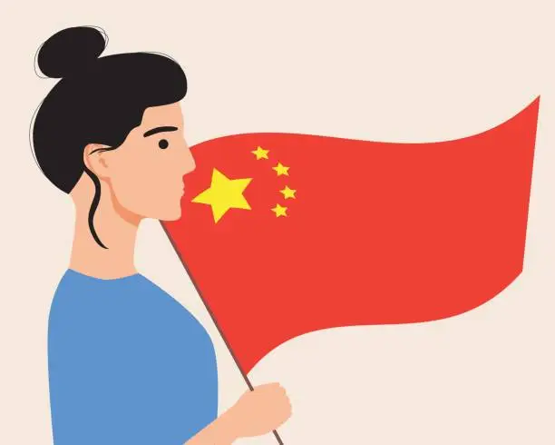 Vector illustration of Chinese man with flag isolated as concept of China independence day, patriotic flat vector stock illustration with citizen