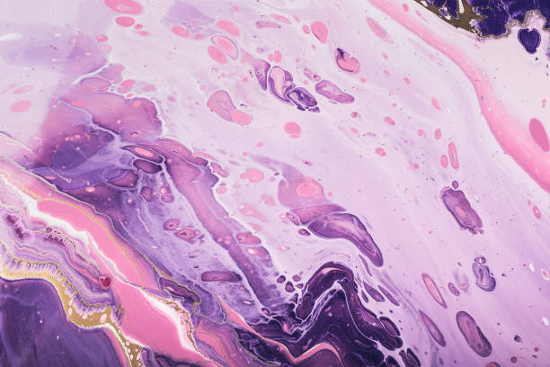 Fluid Art. Abstract flowing waves and bubbles in lilac colors. Marble effect background or texture