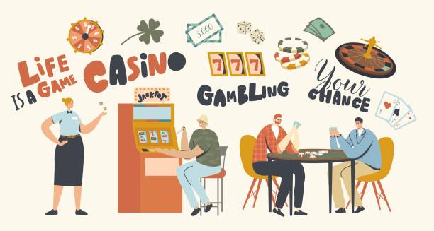 ilustrações, clipart, desenhos animados e ícones de personagens jogando jogos de jogo no casino, ganhe prêmio de dinheiro jackpot em caça-níqueis e mesa de poker. vício em jogadores - people gambling line art casino