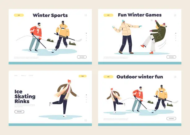 Vector illustration of Winter activities concept of set of template landing pages: hockey, skating, snowballs