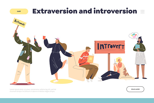 Extraversion and introversion concept of landing page with people extraverts and introverts relaxing while dancing in group or alone at home. Cartoon flat vector illustration