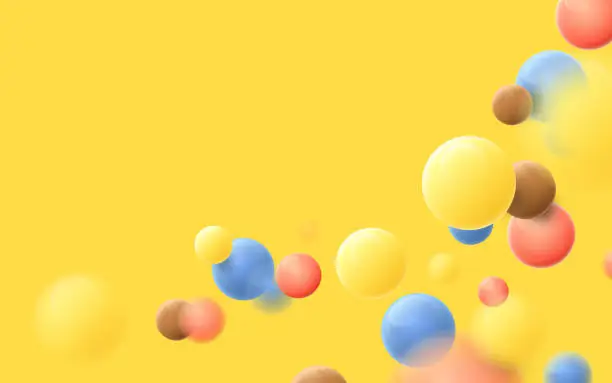 Vector illustration of Abstract multicolored balls flying particles on a yellow background. Vector illustration