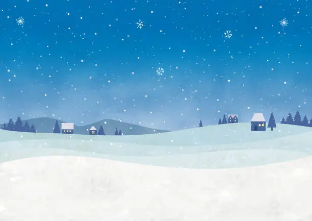 Vector illustration of Snow town at night watercolor