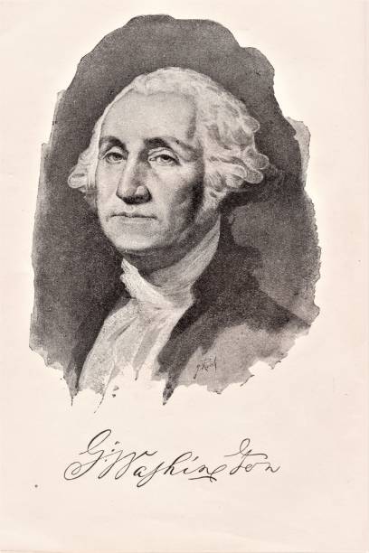 George Washington Portrait & Signature, 1st President of the United States, Revolutionary War, Founding Father Portrait of George Washington, first U.S. President. Washington was a commanding officer in the Continental U.S. Army during the Revolutionary War against the British. From Virginia, Washington was born February 22, 1732, and died December 14, 1799. Signature. Illustration published in The New Eclectic History of the United States by M. E. Thalheimer (American Book Company; New York, Cincinnati, and Chicago) in 1881 and 1890. Copyright expired; artwork is in Public Domain. christine kohler stock illustrations