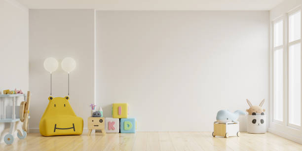 istock Mock up wall in the children's room in light light white color wall background. 1291106976