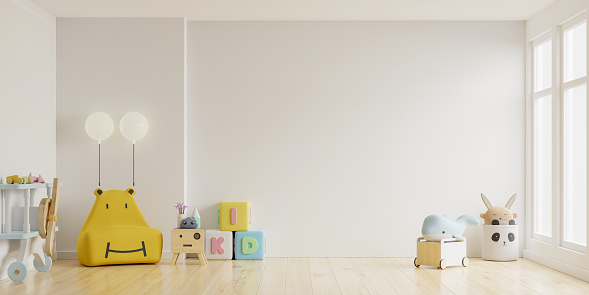 Mock up wall in the children's room in light light white color wall background.3d rendering