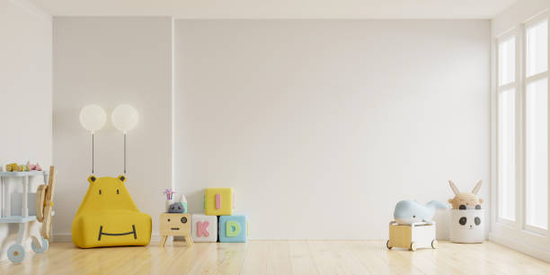 makieta ściany w pokoju dziecięcym w jasnym białym tle ściany kolor. - roślina pokój dziecinny zdjęcia i obrazy z banku zdjęć