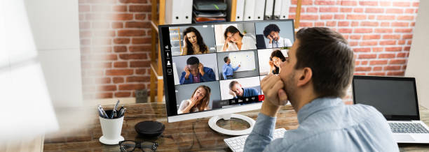 bored employee in video conference - gesturing imagens e fotografias de stock