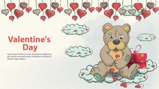 ilustrações, clipart, desenhos animados e ícones de cartão de saudação para o design do dia dos namorados no estilo infantil doodle brinquedo urso de pelúcia sentado nas nuvens e segurando uma guirlanda de corações - flower valentines day valentine card backgrounds