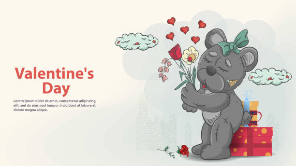 ilustrações, clipart, desenhos animados e ícones de cartão de saudação para o design do dia dos namorados no estilo das crianças doodle brinquedo teddy bear menina segurando um buquê de flores em suas patas no fundo de presentes - flower valentines day valentine card backgrounds