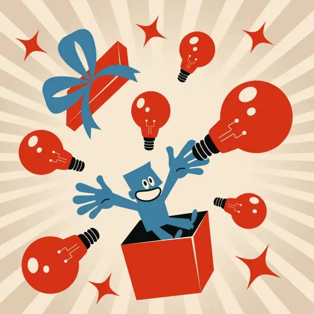 Vector illustration of Smiling blue man showing up from an open gift box and giving lots of idea light bulbs. Imagination is truly a gift