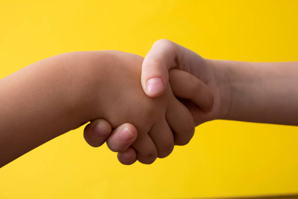Two children shake hands when they meet. Domestic life