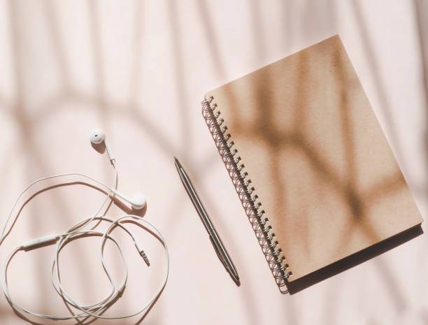 istock pen, earphone, book on white background. morning relaxing time winter concept. 1291119311