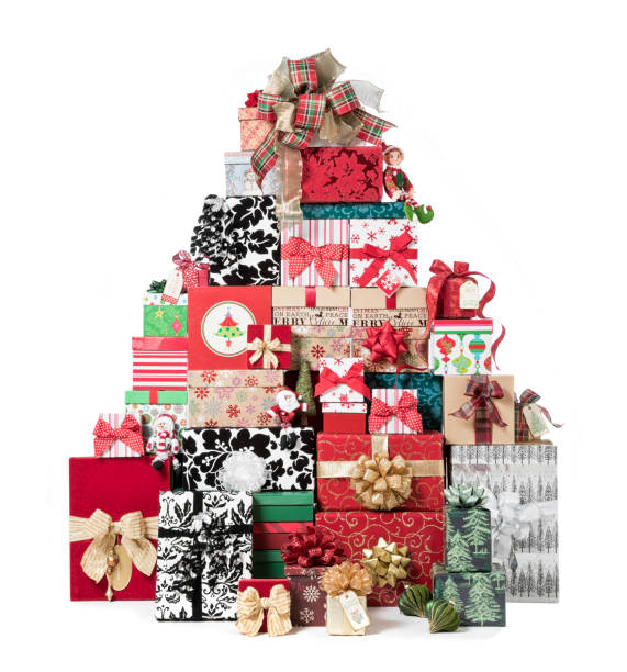 istock Stack of Wrapped Gifts in a Christmas Tree Shape 1291123646