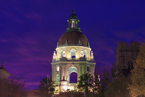 Night image of the Pasadena City Hall main tower. Long exposure image taken using a night filter.