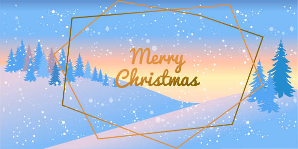 ilustrações de stock, clip art, desenhos animados e ícones de merry christmas and happy new year. luxury horizontal vector background for banner or postcard. mountain winter landscape with fir trees and snowfall. gold frames hexagons and lettering - landscape fir tree nature sunrise