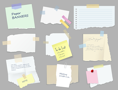 Paper sticky notes, banners, to do list or memo messages, notepads and torn paper sheets. Blank vector notepaper of meeting reminder, office notice or information board with appointment notes set