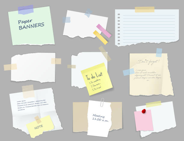 Paper sticky notes, banners, to do list or memo Paper sticky notes, banners, to do list or memo messages, notepads and torn paper sheets. Blank vector notepaper of meeting reminder, office notice or information board with appointment notes set note pad stock illustrations