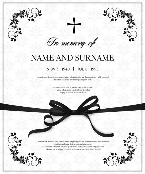 Funeral vector card with vintage obituary template Funeral vector card with vintage condolence flower ornamental flourishes, christian cross, black mourning ribbon, name, birth and death dates place. Obituary memorial decorative funereal card template compassion stock illustrations
