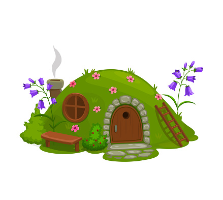 Dwarf or gnome house, fairytale dugout hut cartoon vector. Fairy or magic creature home in hill, covered grass and flowers hole, shack with wooden door, round window and bench on grass