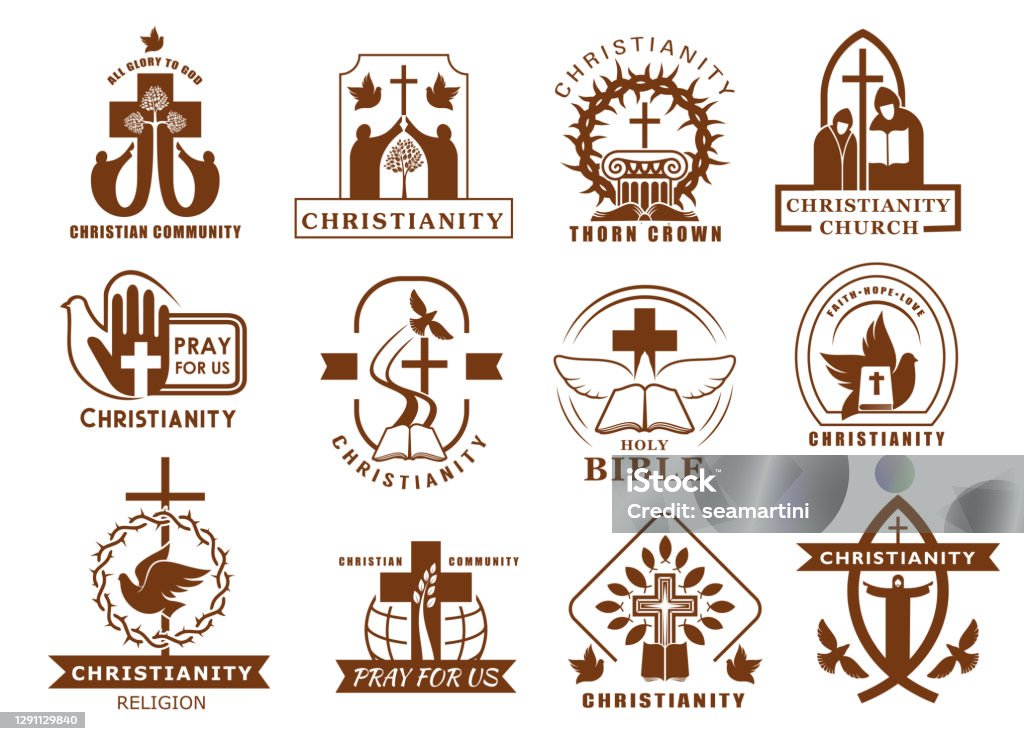 Iconos de la religión cristiana, catolicismo, ortodoxo - arte vectorial de Iglesia libre de derechos