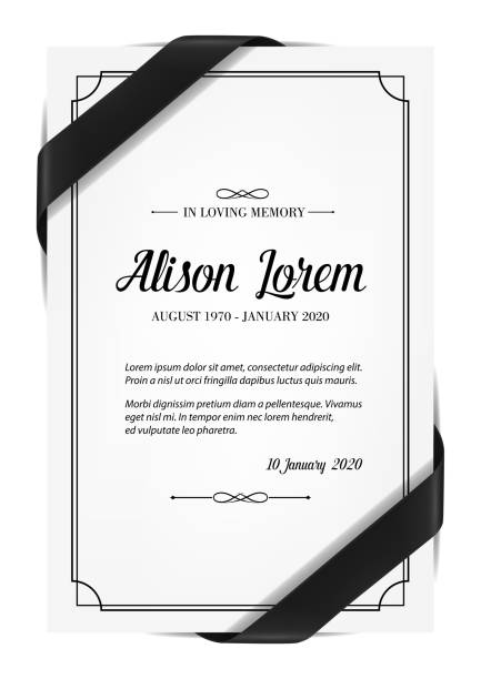 Funerary card template with obituary and ribbon Funerary card with obituary condolence and mourning ribbon. Obituary card layout, mortuary plate vector template, sepulchral plaque with in memoriam necrologue and black silk ribbon over corners law patterns stock illustrations