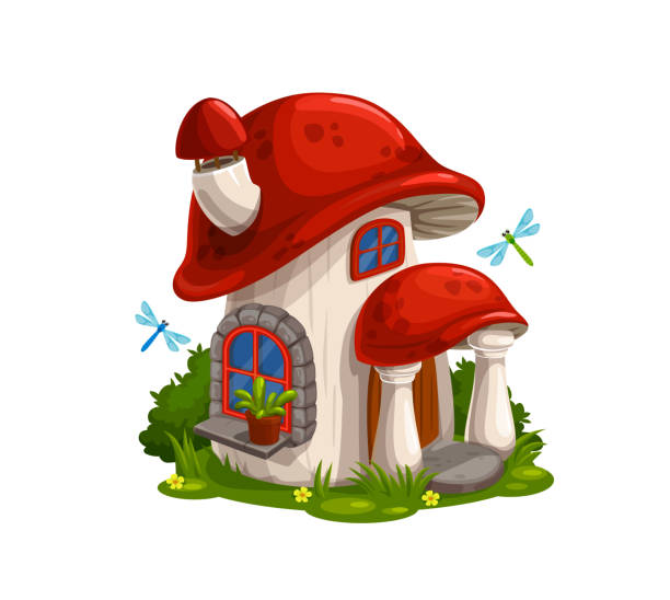 ilustrações de stock, clip art, desenhos animados e ícones de gnome, dwarf house in mushroom cartoon vector - house column residential structure fairy tale