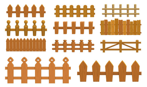 Cartoon fence, wooden palisade, vector farm gates Cartoon fence, wooden palisade vector farm gates or balustrade with pickets. Enclosure railing, banister or fencing sections with decorative pillars. Wood garden border balusters isolated elements set enclosure stock illustrations