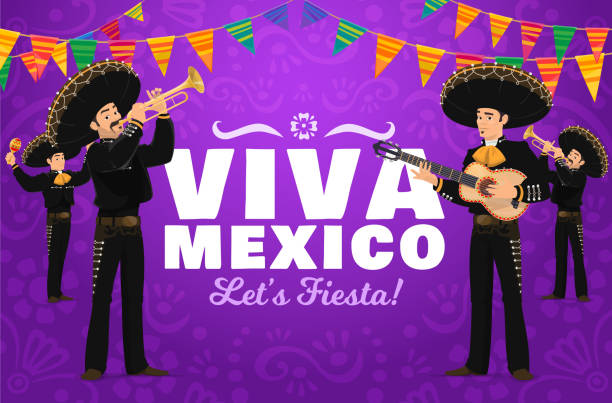 Viva Mexico fiesta mariachi musician characters Viva Mexico fiesta vector design with mariachi cartoon characters. Carnival musicians in sombrero hats playing maracas, guitar and trumpets, festive party invitation with bunting garland flags latin american and hispanic ethnicity stock illustrations