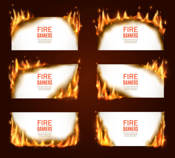 Fire banners burning paper vector horizontal pages Fire banners, burning paper, vector horizontal pages with flame and sparks. Isolated white burning smoldering paper sheets. Conflagrant cards template for advertising, realistic 3d flaming frames set flame borders stock illustrations