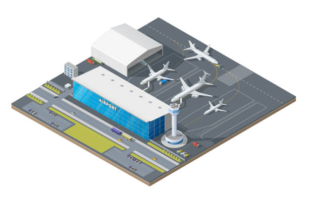 Isometric airport building with airplane on runway Isometric airport building with airplanes on runway and traffic control tower. 3d vector passenger terminal infrastructure, airport facade with facilities and transport bus, taxi cars and fuel trucks airport stock illustrations