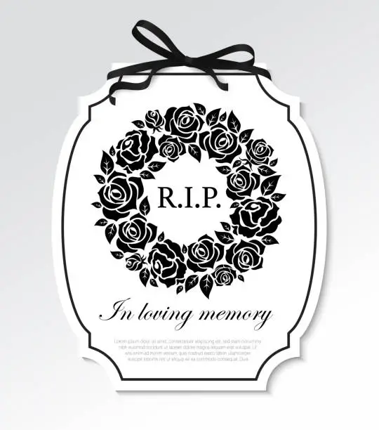 Vector illustration of Funeral frame with black flowers round wreath