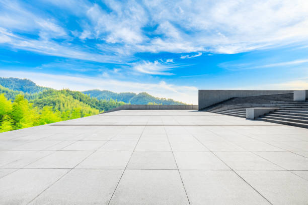 istock Empty floor and green mountain with bamboo forest landscape. 1291135472