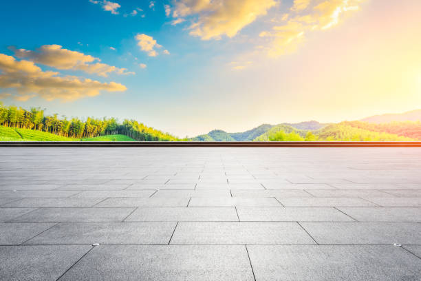 istock Empty floor and green tea plantation with bamboo forest landscape. 1291135512