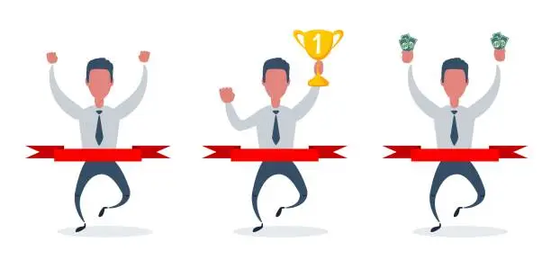 Vector illustration of Full length portrait of a businessman running at the finish line. Happy man crosses finish line with trophy. Vector flat design illustration