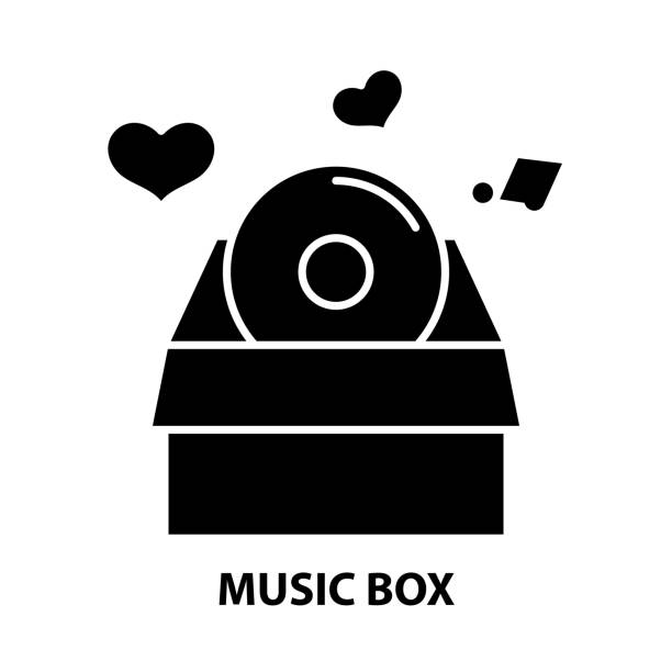 illustrations, cliparts, dessins animés et icônes de icône de boîte à musique, signe de vecteur noir avec des traits modifiables, illustration de concept - music box