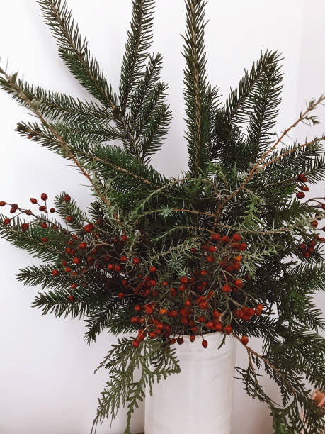 istock Fir and cedar branches, red berries in white ceramic vase. Festive simple natural home decor 1291139994