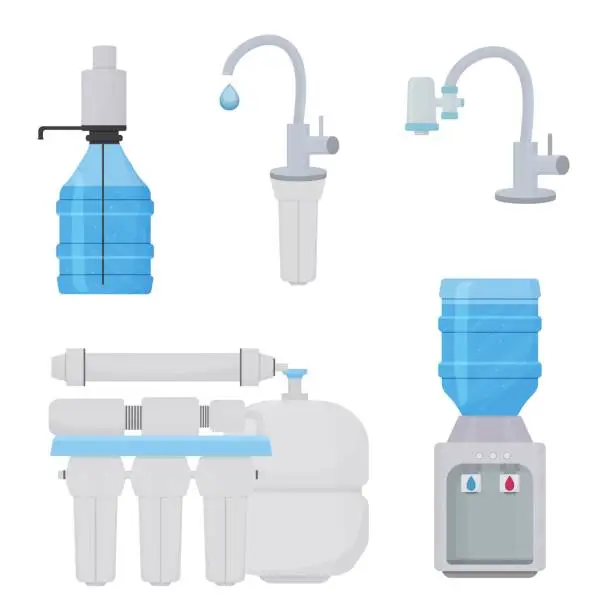 Vector illustration of Set of water filters portable equipment, household objects for clean water isolated on white background. Cooler, jug and pipe filters. Colorful in flat style.