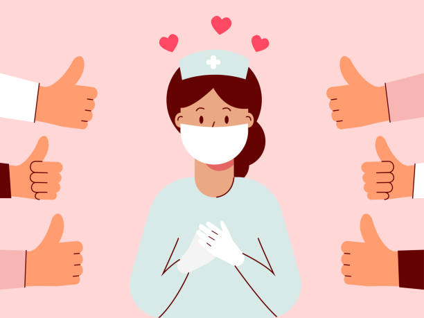 pielęgniarka nosząca maskę chirurgiczną czuje się dobrze, gdy jest doceniana. - wdzięczność ilustracje stock illustrations
