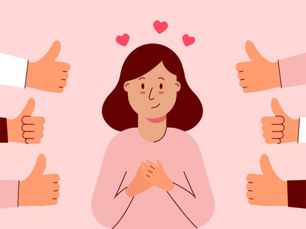 ilustrações de stock, clip art, desenhos animados e ícones de woman feels good when she is appreciated. - congratulating winning agreement thumbs up