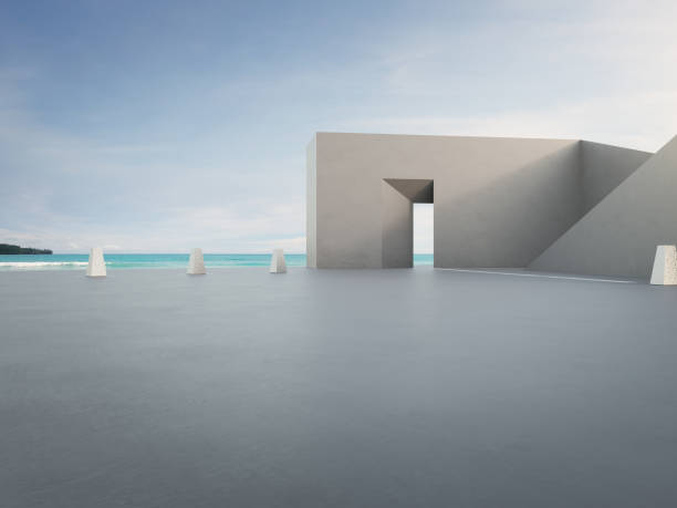 Geometric shape architecture and empty concrete floor for car park.