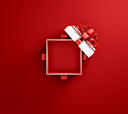 Red surprise gift boxes express love and care during Valentine's Day, Christmas and New Year season on red background, 3d rendering.