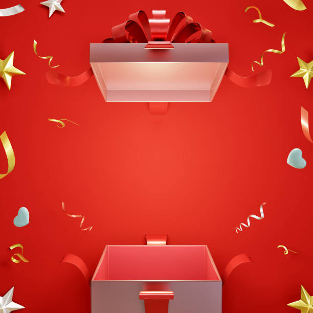 überraschung offene geschenkbox auf rotem hintergrund - box open package magic stock-fotos und bilder
